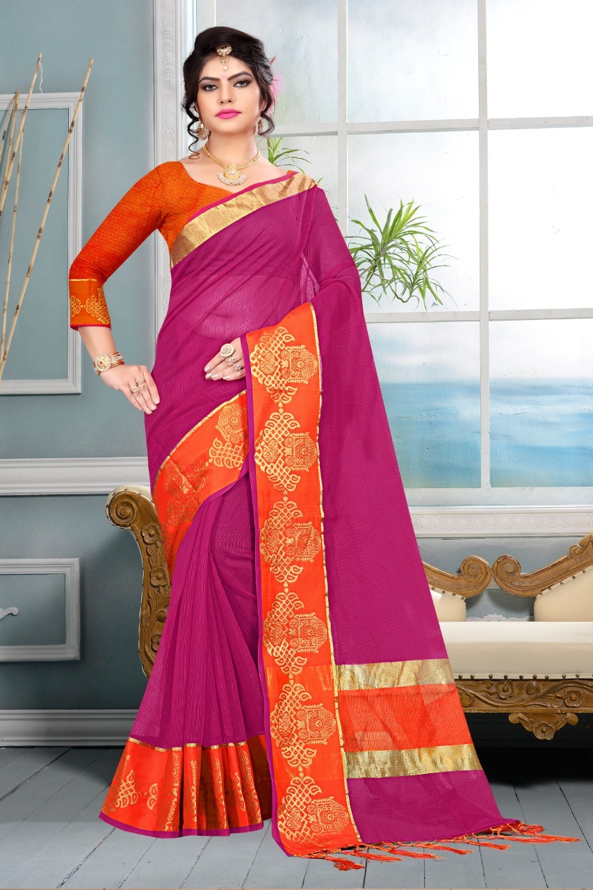 Kota Doria Saree - Big Size Jacquard Weaving Border, Stylish Tunic Blouse With Full Weaving Patterns, Trendy Color For Traditional Party Wear