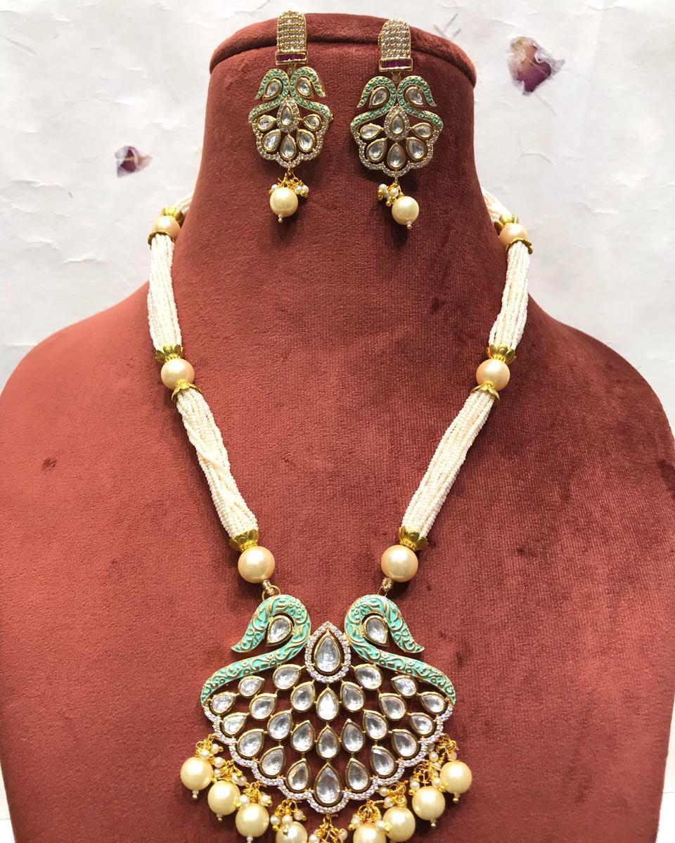 Long Kundan Pendant Necklace Set Drop Earrings