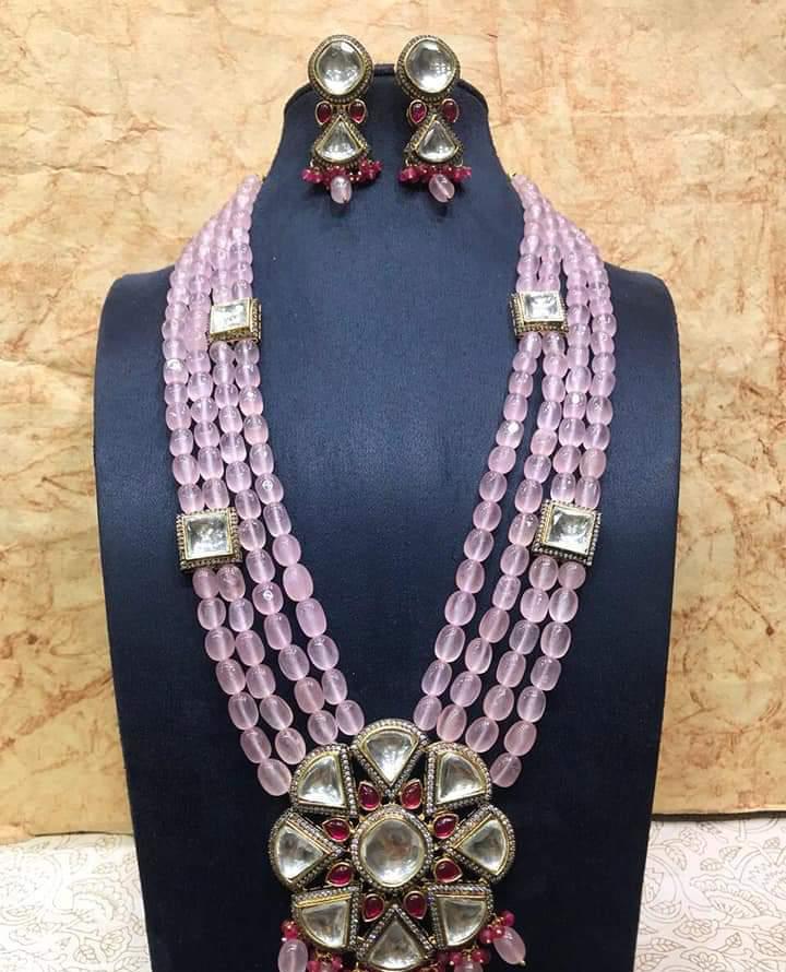 Long Kundan Pendant Necklace Set Drop Earrings