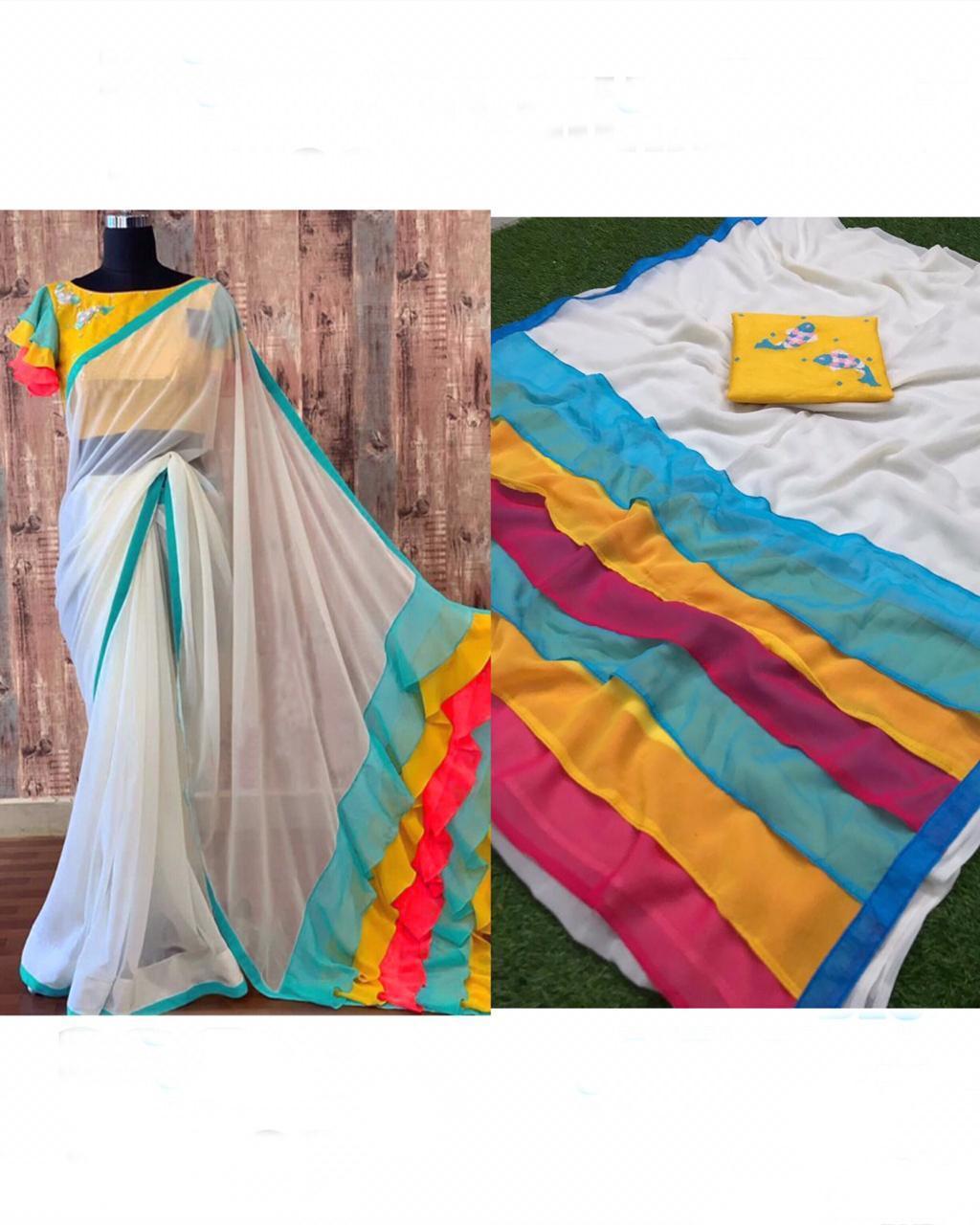 Designer Frill Chanderi Saree With Embroidery Work - Chanderi Fabric 5.5 Mtr Length Multi Color | Embroidered Pattern Suitable For All Seasons