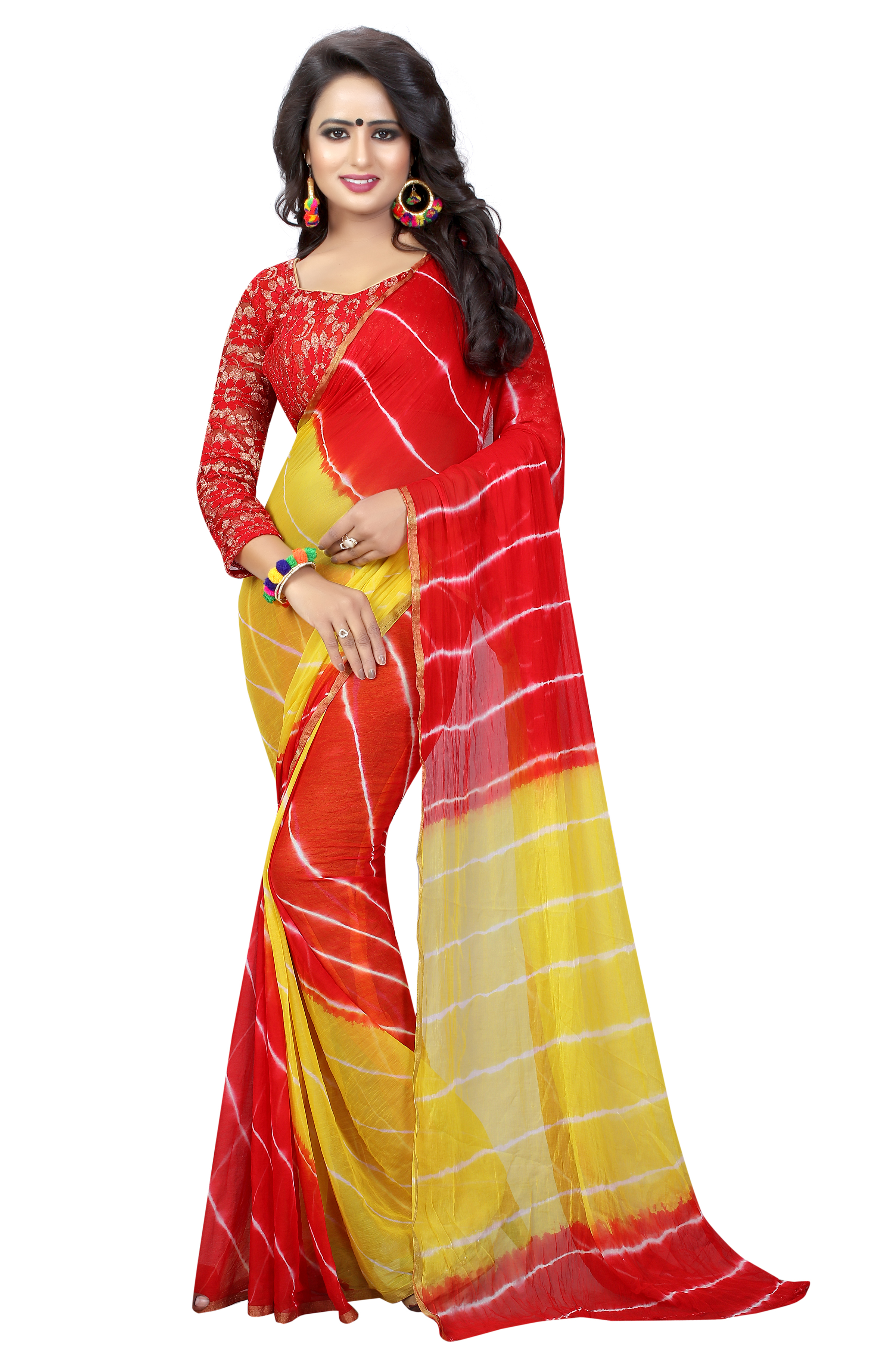 Leheriya Chiffon Saree With Brasso Net Blouse - Chiffon Fabric, Length: 5.5 Mtr, Blouse Length: 0.8 Mtr, Multi-color, Printed Pattern, Suitable For All Seasons