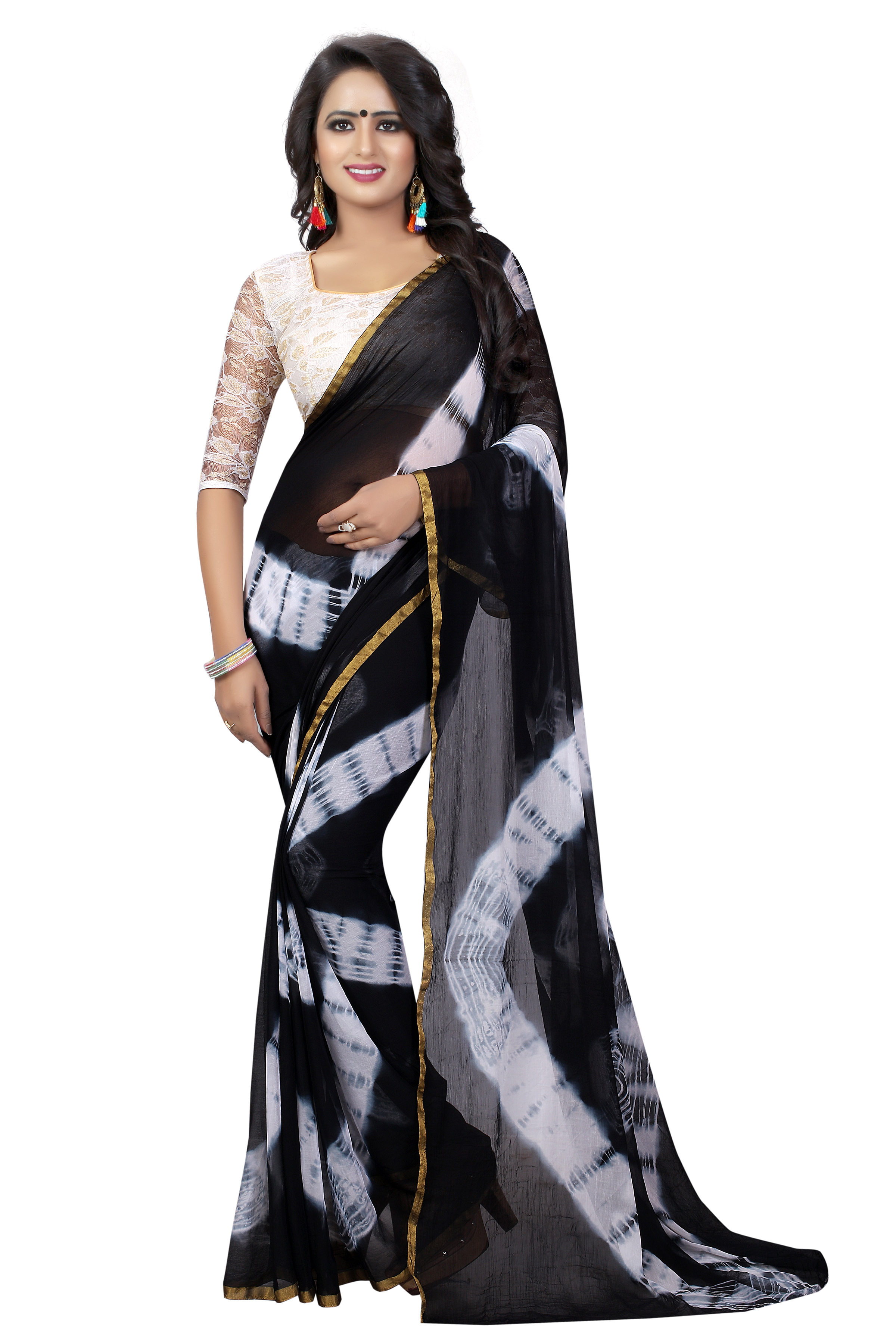 Leheriya Chiffon Saree With Brasso Net Blouse - Chiffon Fabric, Length: 5.5 Mtr, Blouse Length: 0.8 Mtr, Multi-color, Printed Pattern, Suitable For All Seasons