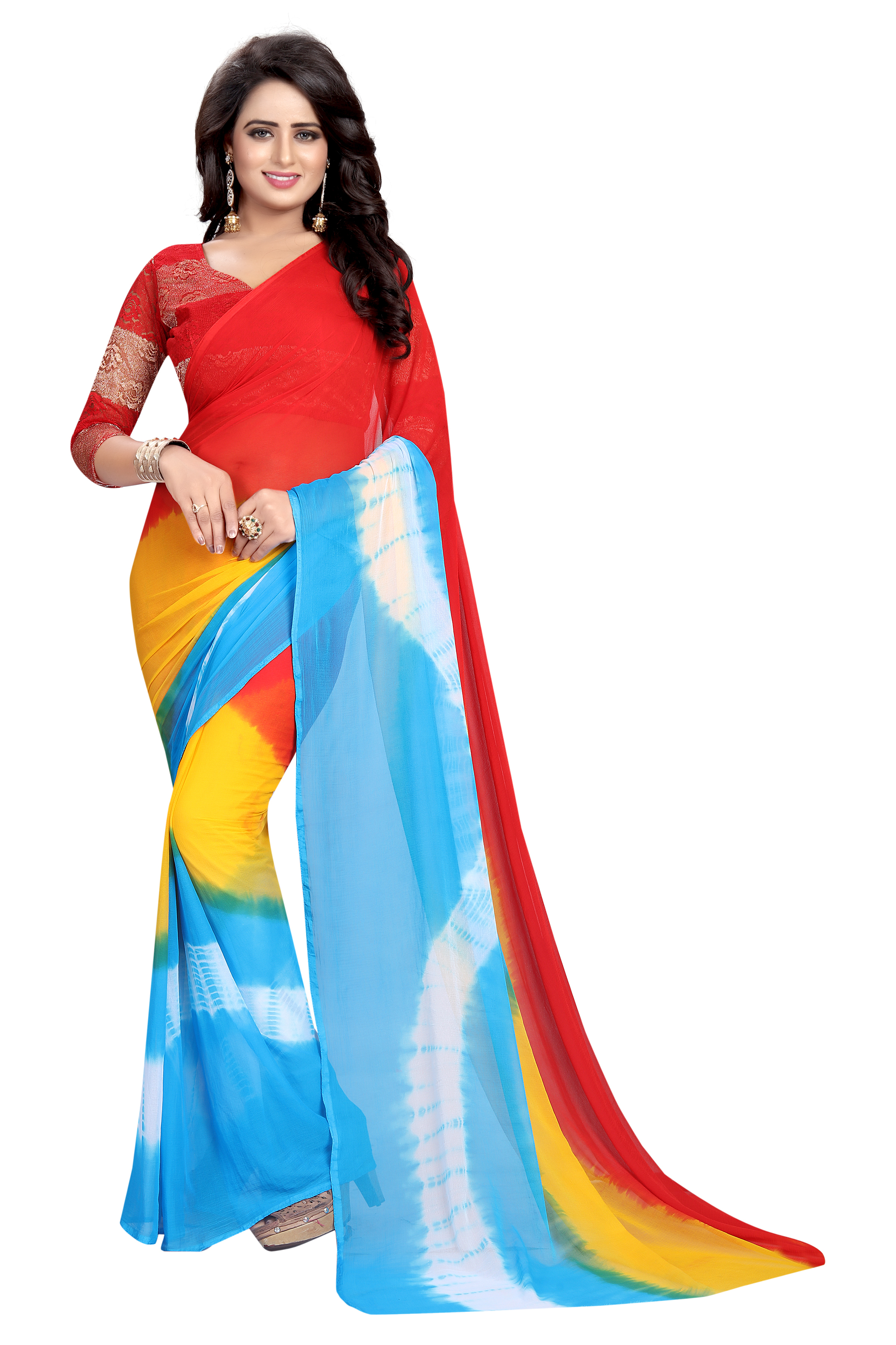 Leheriya Chiffon Saree With Brasso Net Blouse - Chiffon Fabric, Length: 5.5 Mtr, Blouse Length: 0.8 Mtr, Multi-color, Printed Pattern, Suitable For All Seasons