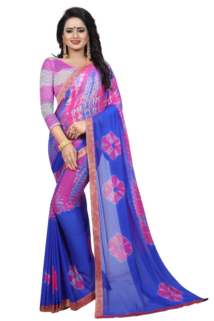 New Bandhani Style Chiffon Saree With Lace - Chiffon Fabric | Length: 5.5 Mtrs, Blouse Length: 0.8 Mtrs, Multi-color, Printed Pattern, Suitable For All Seasons