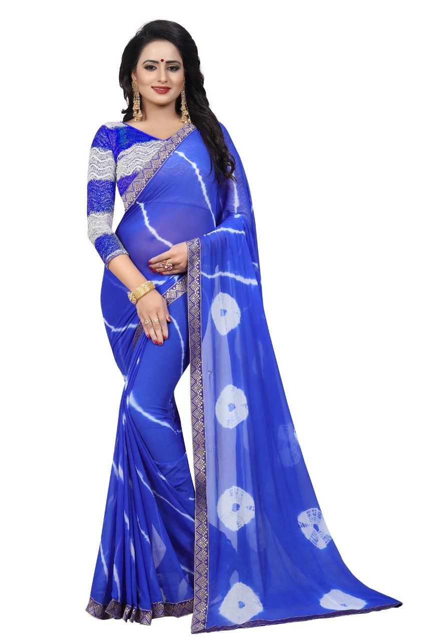 New Bandhani Style Chiffon Saree With Lace - Chiffon Fabric | Length: 5.5 Mtrs, Blouse Length: 0.8 Mtrs, Multi-color, Printed Pattern, Suitable For All Seasons