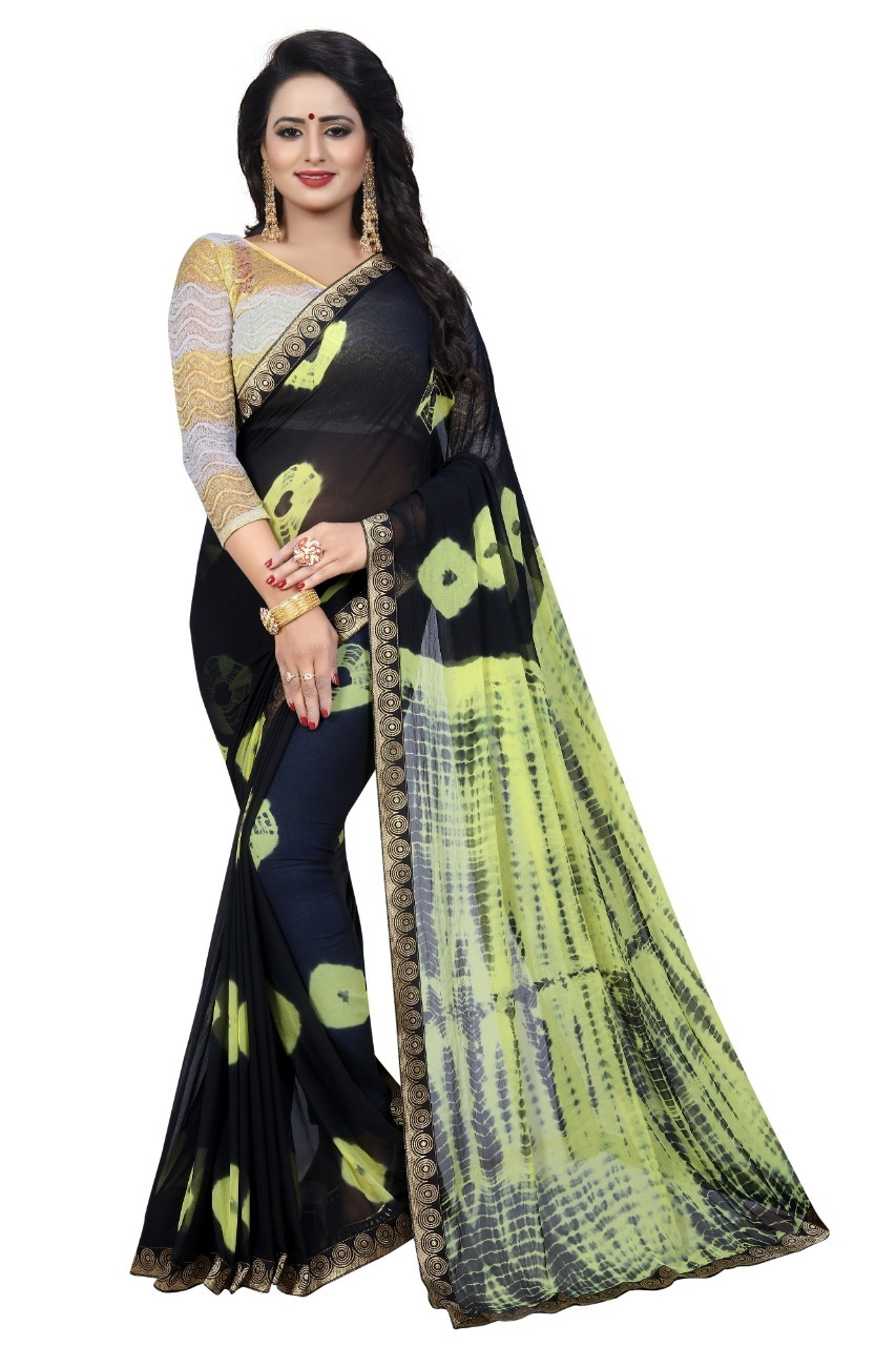 New Bandhani Style Chiffon Saree With Lace - Chiffon Fabric | Length: 5.5 Mtrs, Blouse Length: 0.8 Mtrs, Multi-color, Printed Pattern, Suitable For All Seasons