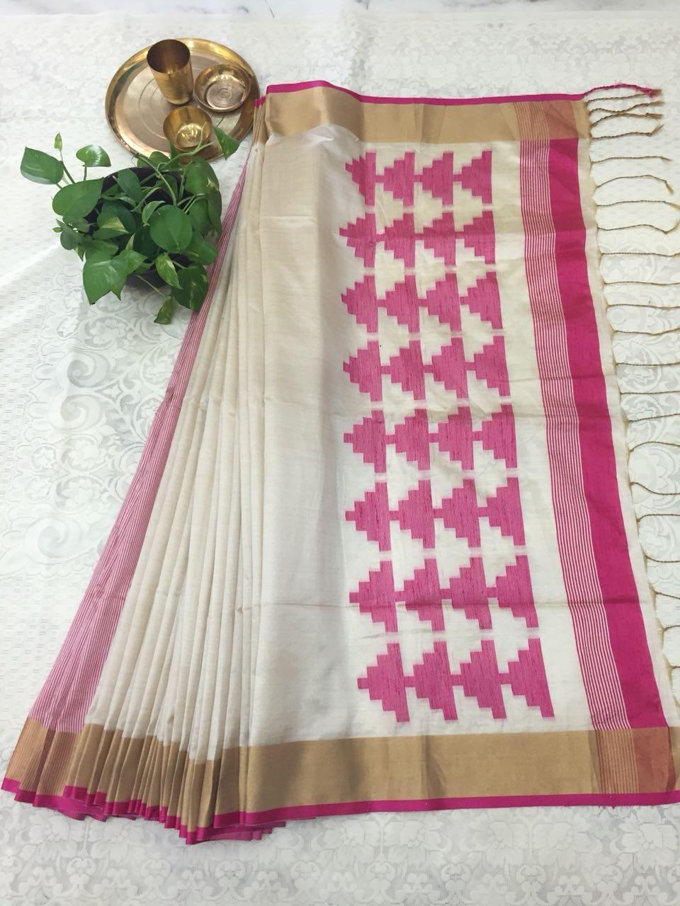 Raw Silk Saree With Attached Blouse - Printed Design, Trendy Color, Bollywood Style For Parties And Traditional Occasions
