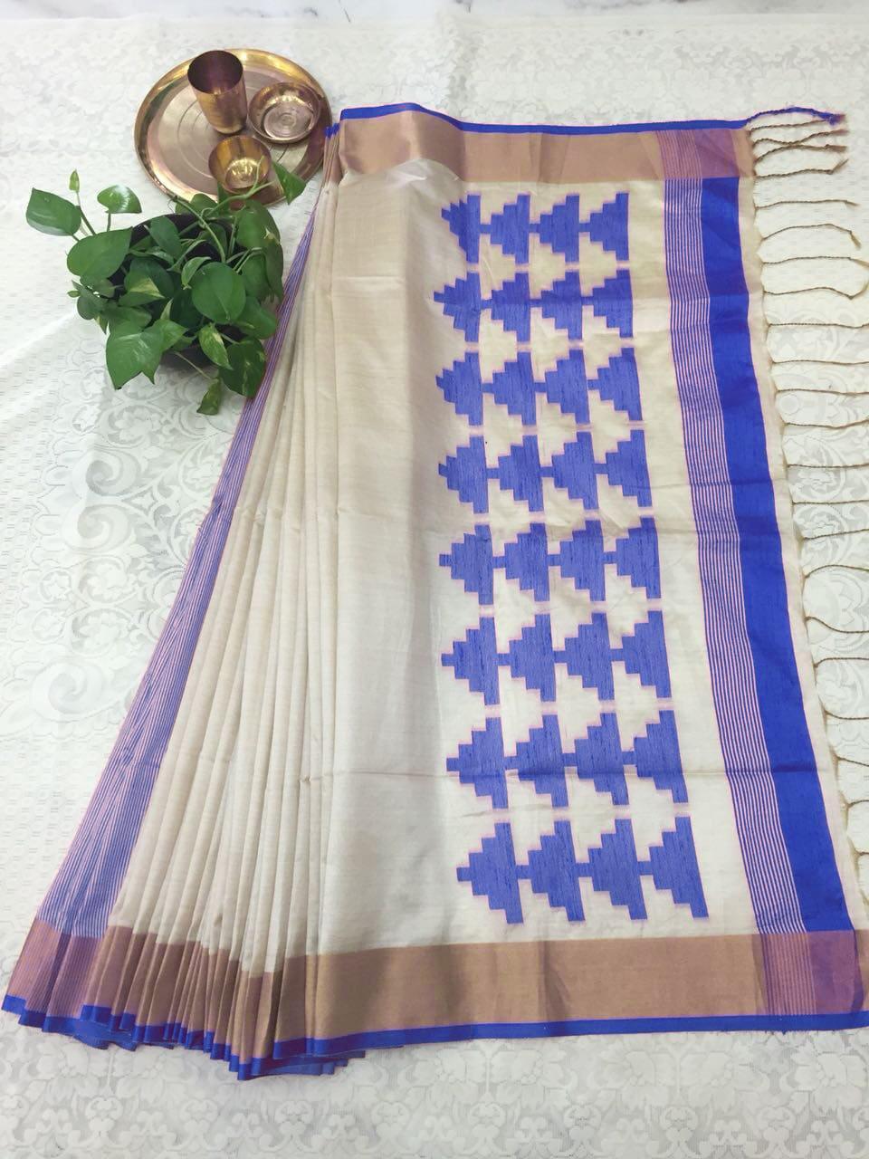 Raw Silk Saree With Attached Blouse - Printed Design, Trendy Color, Bollywood Style For Parties And Traditional Occasions