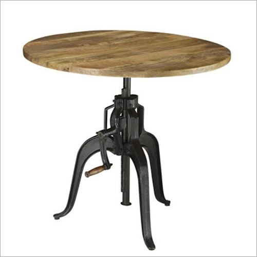 Brown Wrought Iron Wooden Crank Table