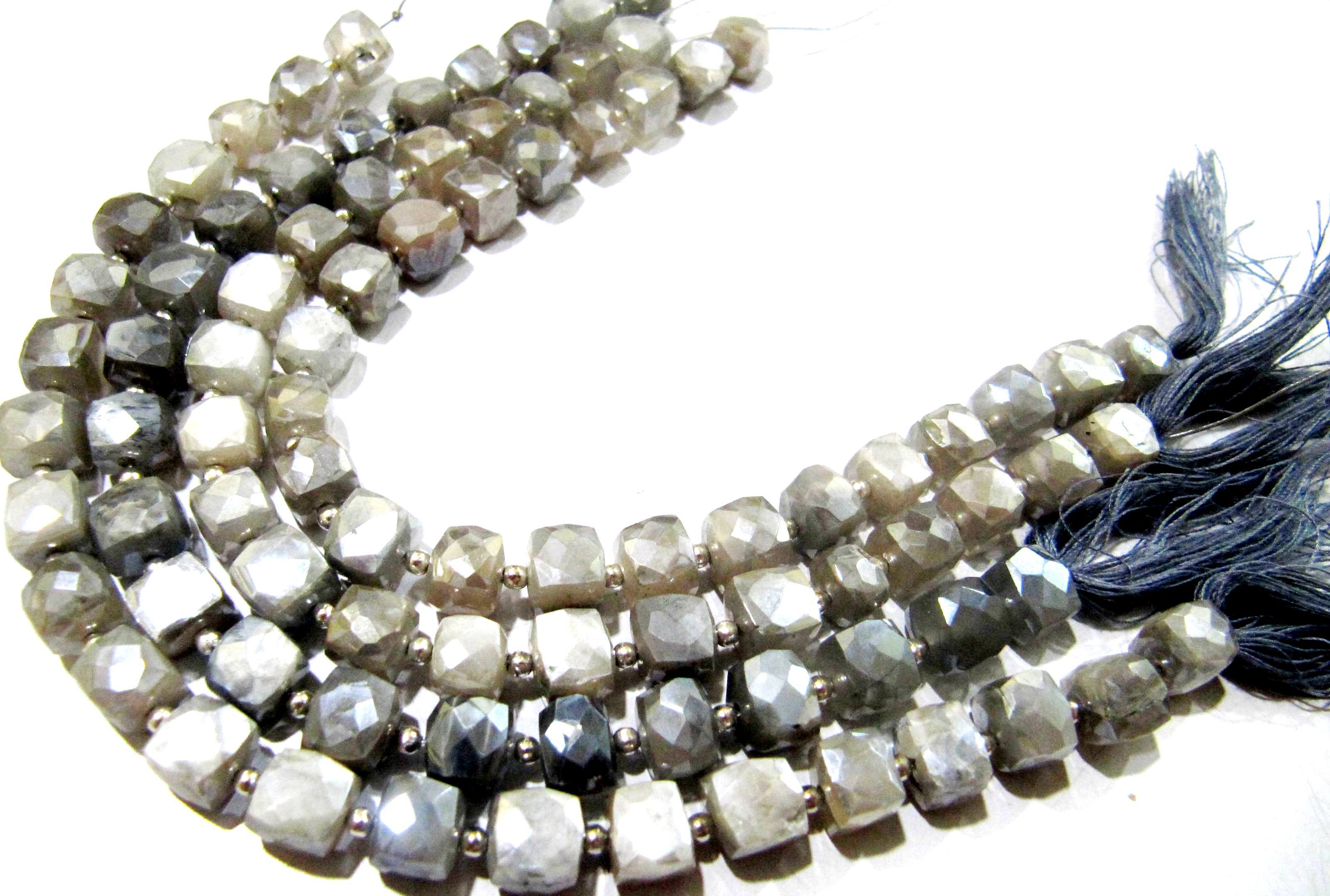 Natural White Moonstone Ab Mystic Coated Beads Strand - 8-10mm Smooth Cube Box Shape, Grey Stone Material, 8 Inches Long