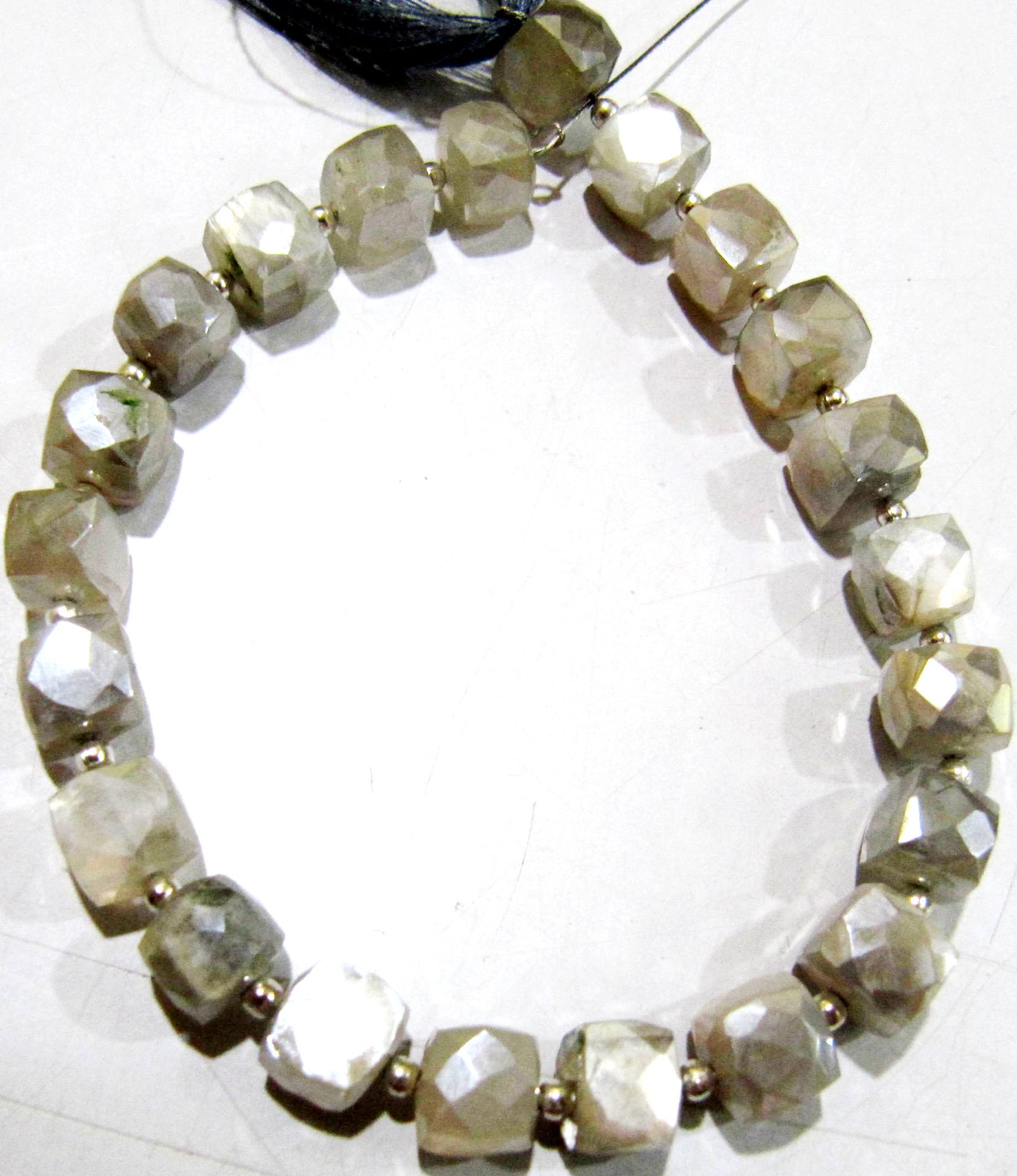 Natural White Moonstone Ab Mystic Coated Beads Strand - 8-10mm Smooth Cube Box Shape, Grey Stone Material, 8 Inches Long
