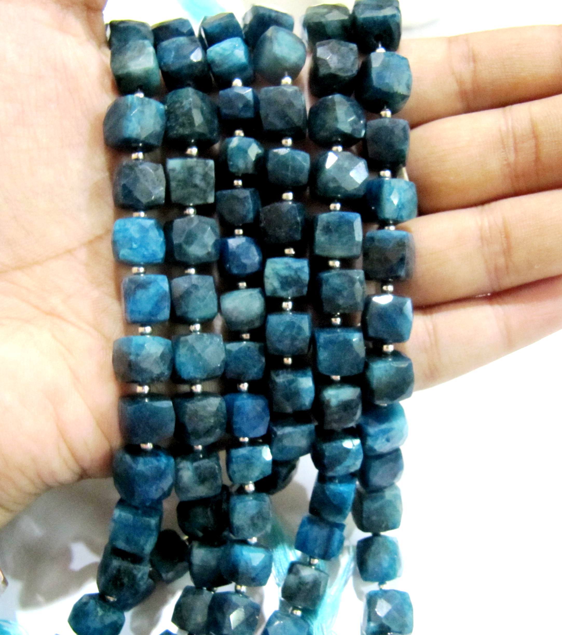 Blue Natural Neon Apatite Cube Box Faceted Beads.