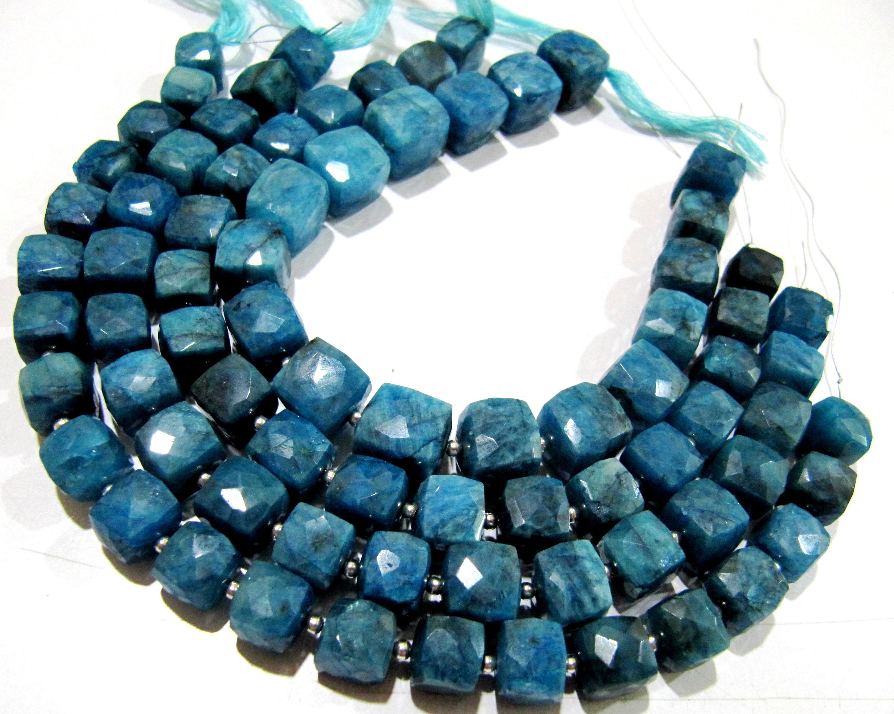 Blue Natural Neon Apatite Cube Box Faceted Beads.