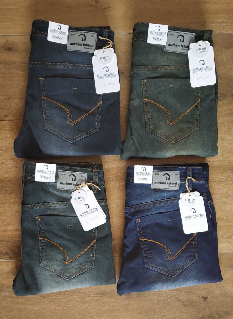 Jeans - Peach Knitted Dobby Fabric, Slim Fit, Green Color, Waist Size 30 To 38
