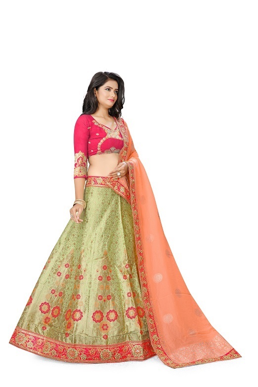 Handwork Lehenga Choli - Pure Viscos, Length 42+ Inches, Waist 42+ Inches, Flair 2.75 Meter | Embroidered Heavy Border, Dupatta With Zari And Stone Work, Includes Can-can And Full Inner