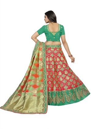 Designer Bridal Lehenga Choli - Banarasi Silk, Length 42+ Inches, Waist 42+ Inches, Flair 2.75 Meter | Embroidered, Zariwork, Stone Work, Chainwork, Handwork, Semi-stitched, Available In 4 Colors
