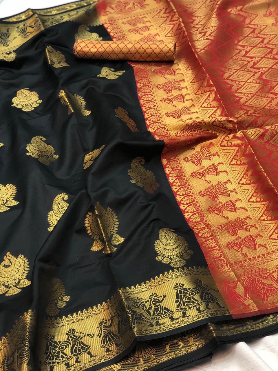 Designer Soft Banarasi Silk Saree - 6.30 Mtr Length With Rich Small Butta Golden Jari Blouse, Trendy Color & Elegant Doli Barat Design | Perfect For Traditional Parties & Stylish Events