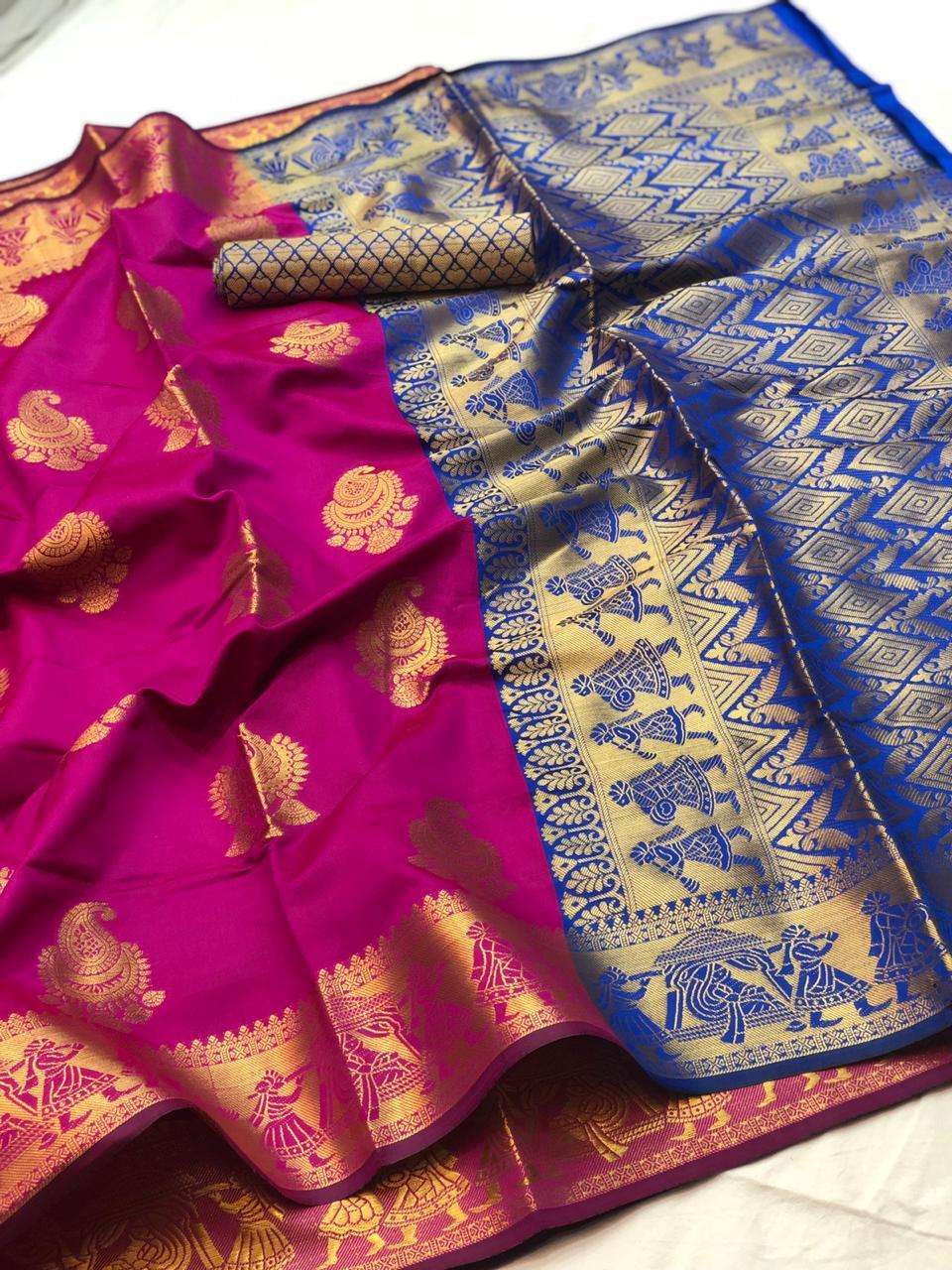 Designer Soft Banarasi Silk Saree - 6.30 Mtr Length With Rich Small Butta Golden Jari Blouse, Trendy Color & Elegant Doli Barat Design | Perfect For Traditional Parties & Stylish Events