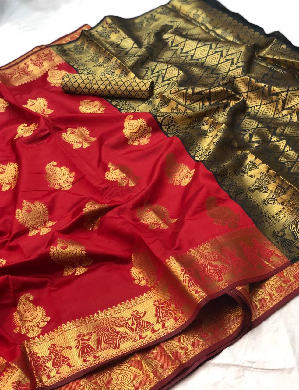Designer Soft Banarasi Silk Saree - 6.30 Mtr Length With Rich Small Butta Golden Jari Blouse, Trendy Color & Elegant Doli Barat Design | Perfect For Traditional Parties & Stylish Events