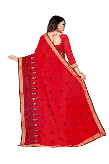 4 Colors Available Red Embroidery Work Sarees