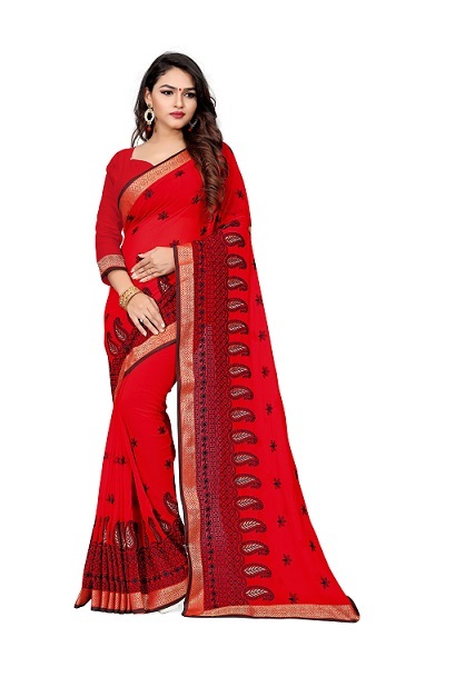 4 Colors Available Red Embroidery Work Sarees