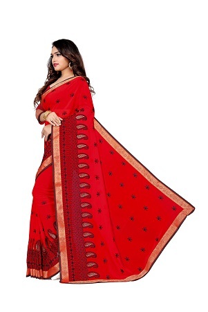 4 Colors Available Red Embroidery Work Sarees