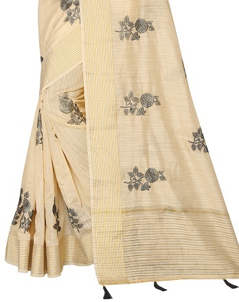 Light Cream Linen Party Wear Saree - 6.30 Meters With Zari Embroidery Border | Summer Collection, 5 Color Set, Elegant Design