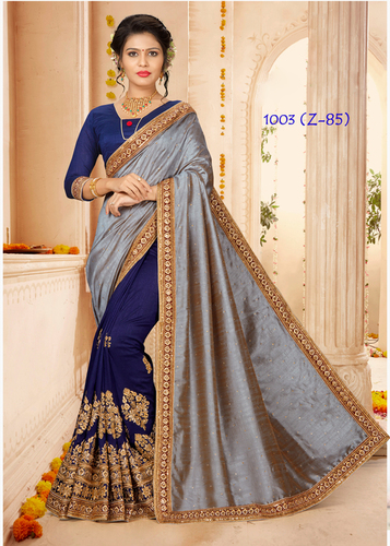 Bridal Synthetic Sarees - Silk, 6.30 Meters Navy Blue & Grey with Heavy Zari Handwork | Embroidered Pattern, Stone Work, Bollywood Style