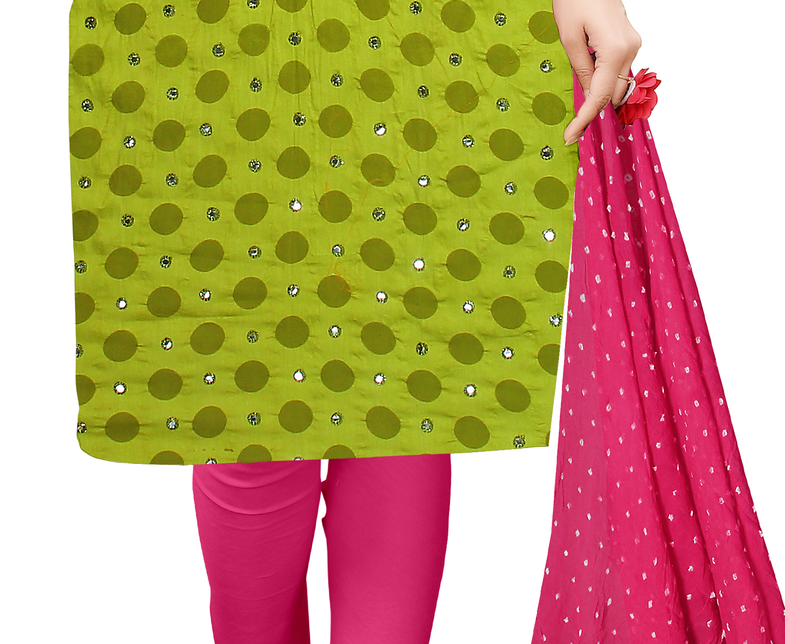 Ladies Dresses - Pure Cotton Fabric Top & Bottom, Pure Chiffon Dupatta | Handcrafted Mirror & Thread Neck Work, Includes Latkans, Custom Sizes Available