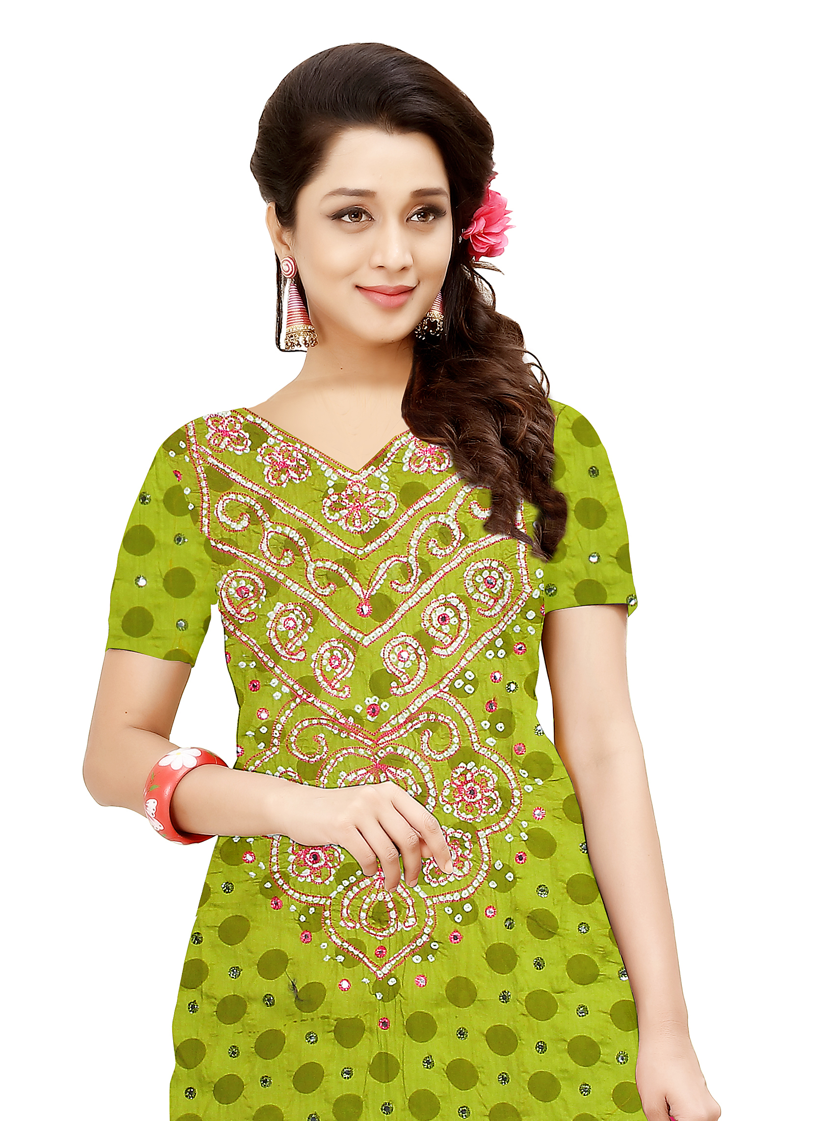 Ladies Dresses - Pure Cotton Fabric Top & Bottom, Pure Chiffon Dupatta | Handcrafted Mirror & Thread Neck Work, Includes Latkans, Custom Sizes Available