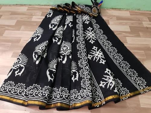 Printed Cotton Mulmul Gold Zari Bordar Saree