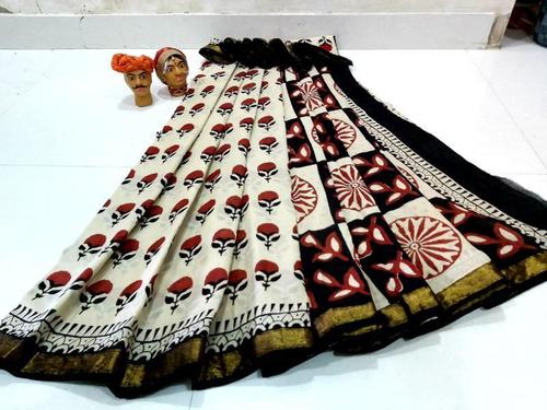 Hand Block Printed Mulmul Saree Gold Zari Bordar