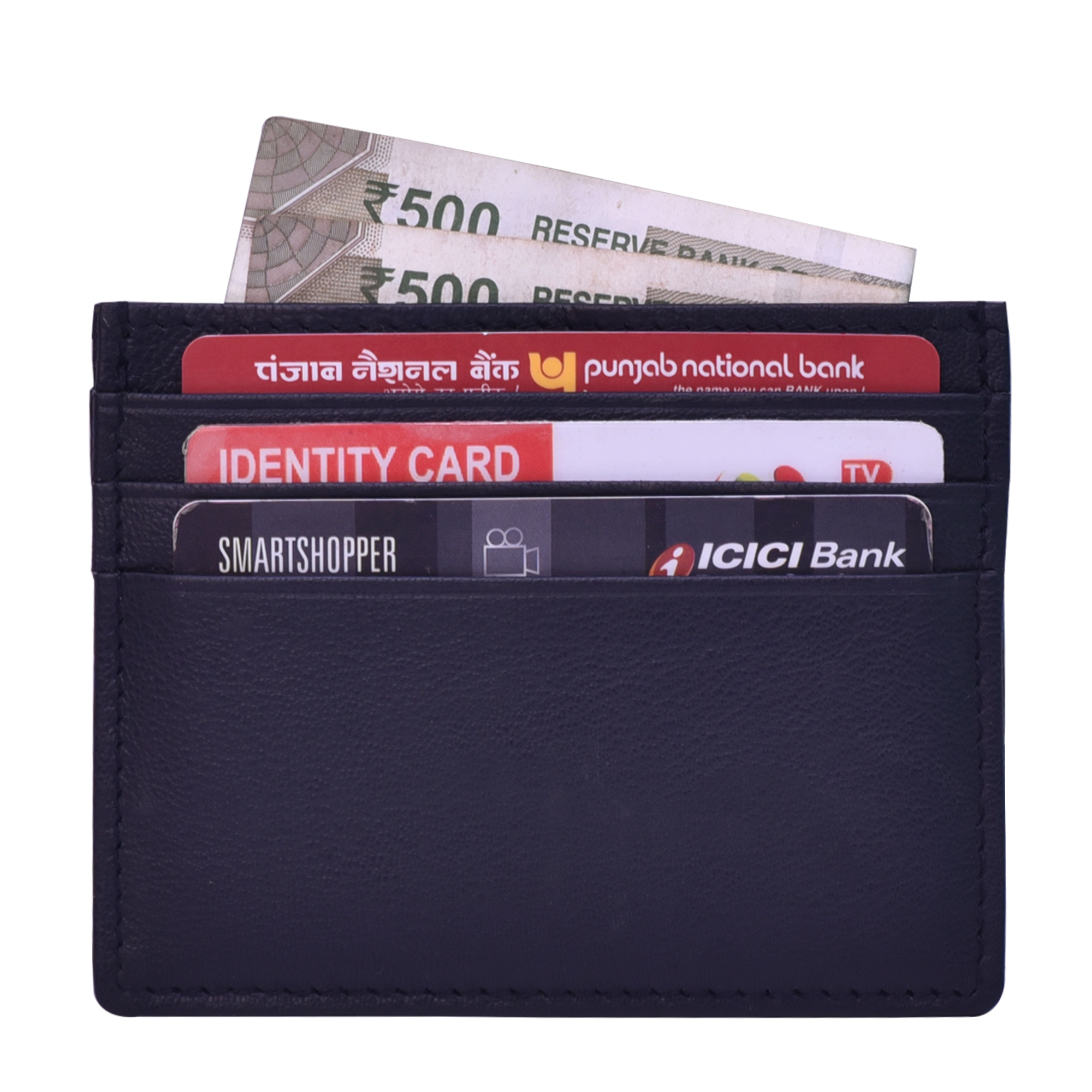Leather Card Holder - Leather, 6 Card Slots, Blue | Durable Stitching, Cash Pocket, Easy To Clean, Sleek Design For Organized Storage