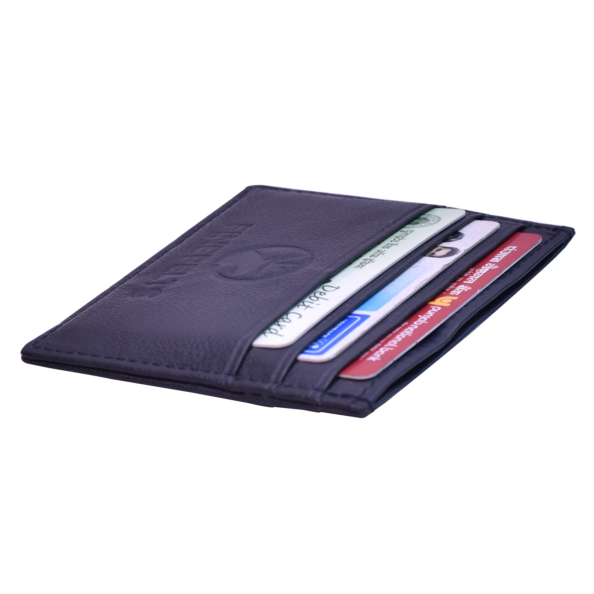 Leather Card Holder - Leather, 6 Card Slots, Blue | Durable Stitching, Cash Pocket, Easy To Clean, Sleek Design For Organized Storage
