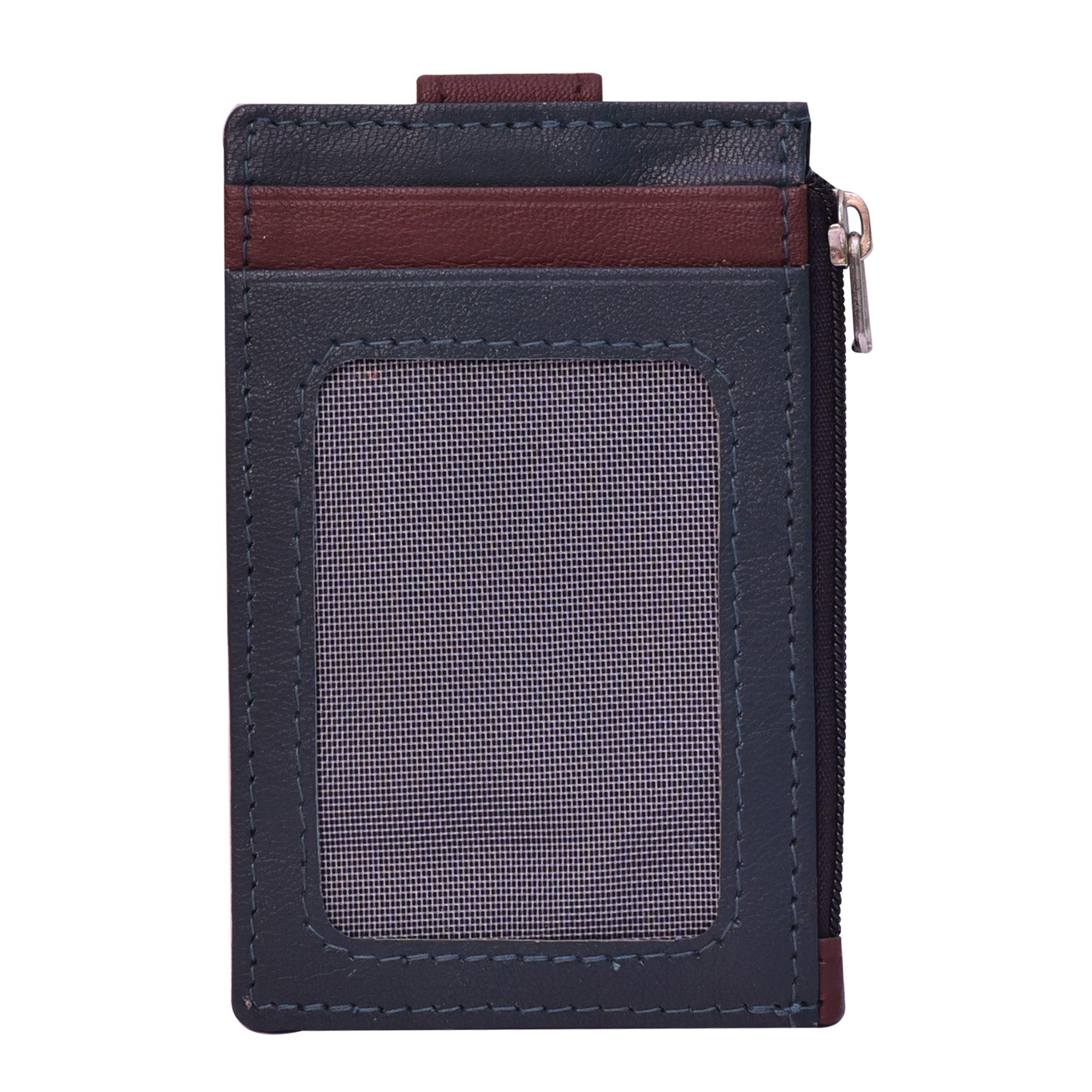 Loop Card Holder - Leather Material, Non-foldable Design, Blue And Brown Colors | 5 Card Slots, Zipper Pocket For Coins, Secure Latch Button