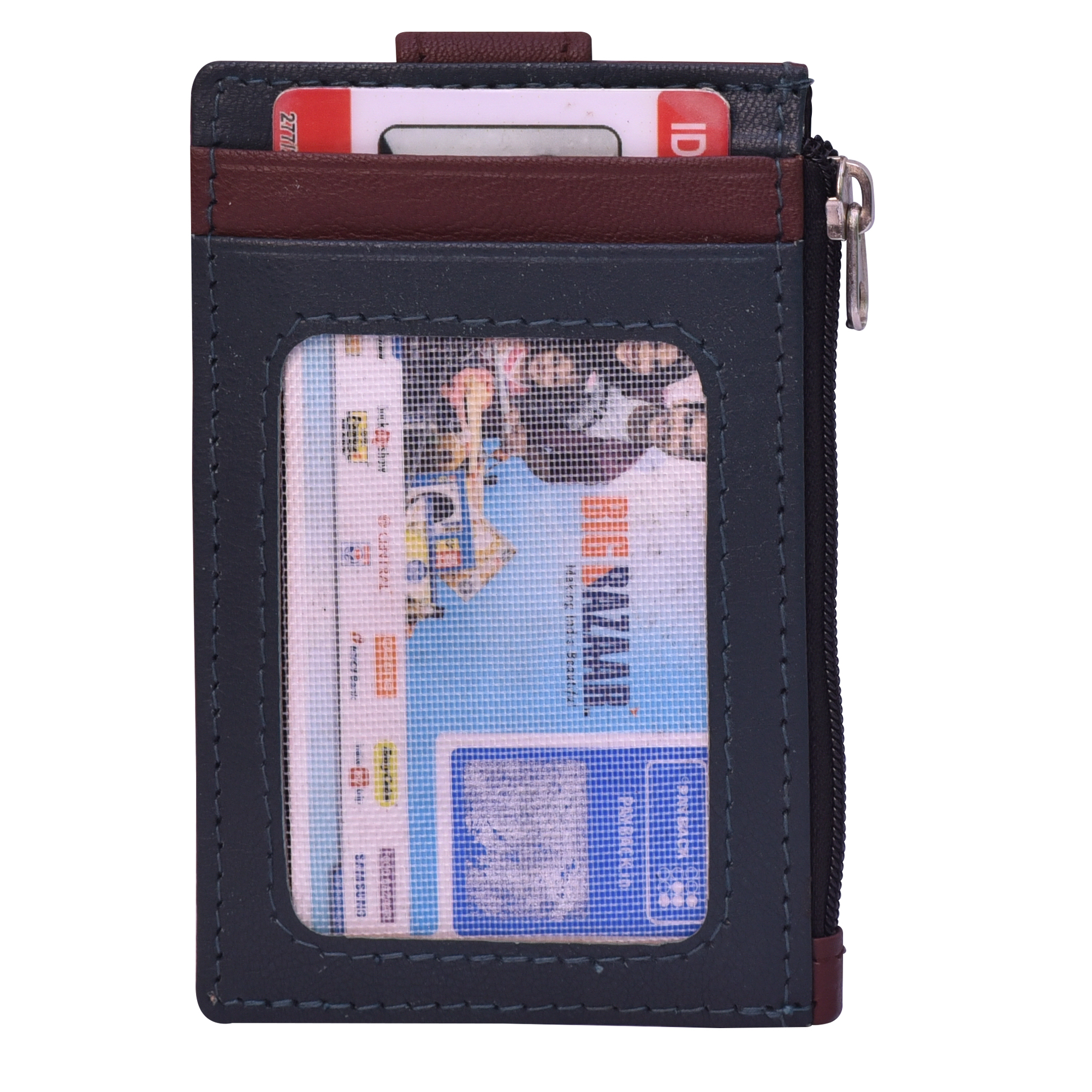 Loop Card Holder - Leather Material, Non-foldable Design, Blue And Brown Colors | 5 Card Slots, Zipper Pocket For Coins, Secure Latch Button