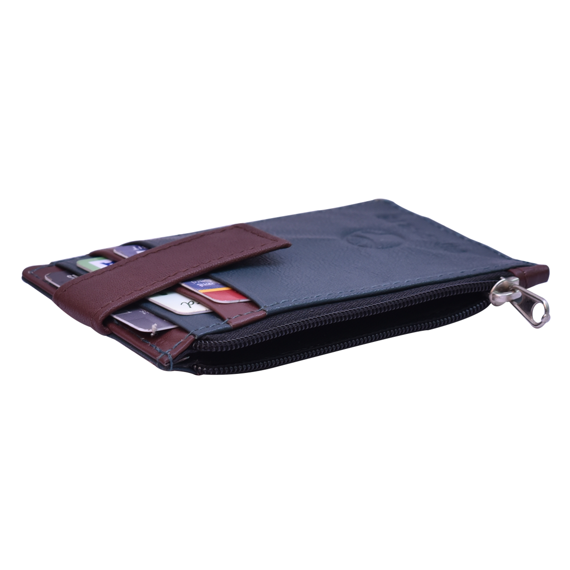 Loop Card Holder - Leather Material, Non-foldable Design, Blue And Brown Colors | 5 Card Slots, Zipper Pocket For Coins, Secure Latch Button