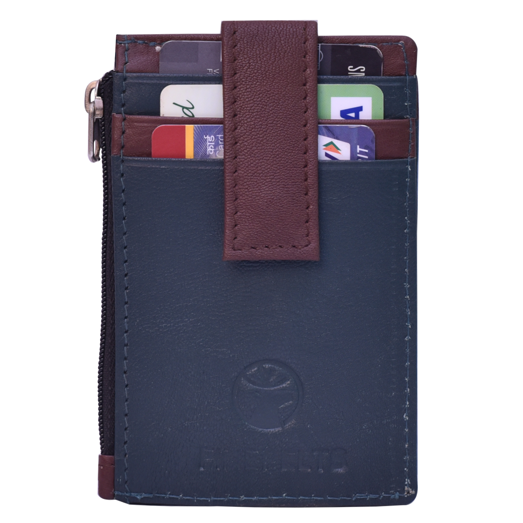 Loop Card Holder - Leather Material, Non-foldable Design, Blue And Brown Colors | 5 Card Slots, Zipper Pocket For Coins, Secure Latch Button