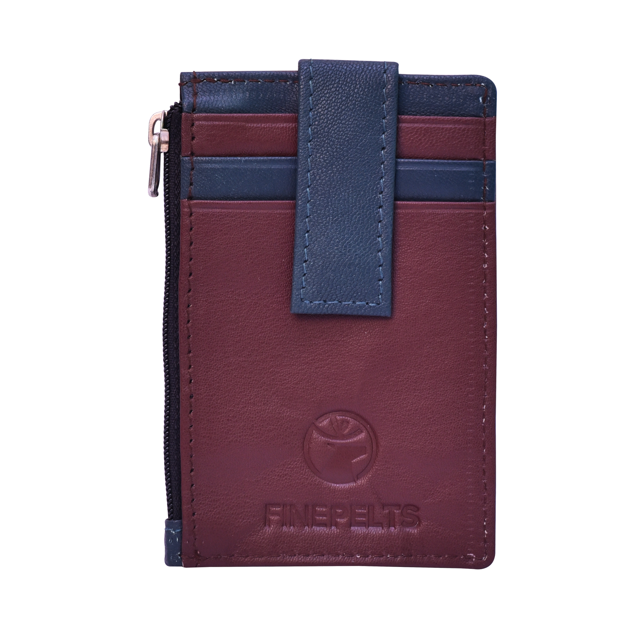 Loop Card Holder - Leather Material, Non-foldable Design, Blue And Brown Colors | 5 Card Slots, Zipper Pocket For Coins, Secure Latch Button