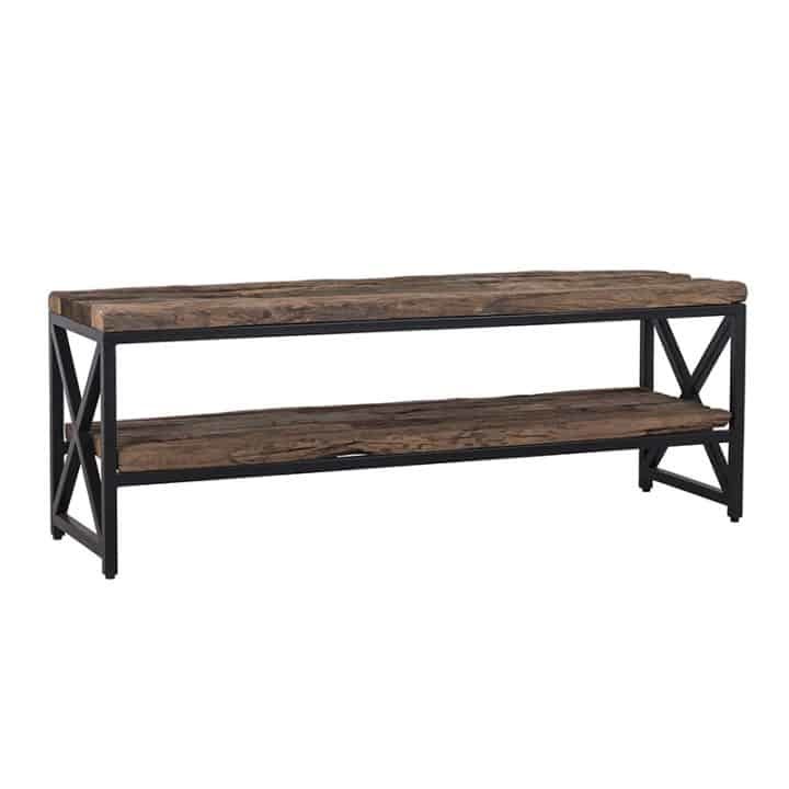 Handmade Iron Black Finished Bench With Old(sleeper) Wood Top And Shelf