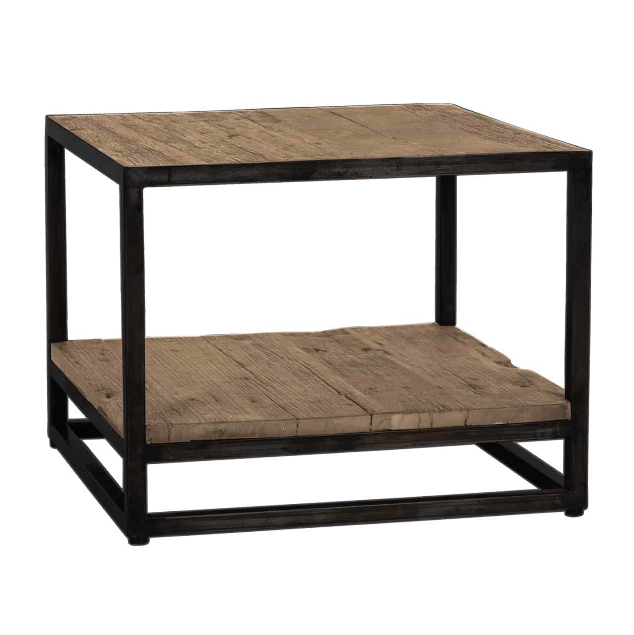 Handmade Iron Black Finished Corner Table With Old(sleeper) Wood Top And Shelf