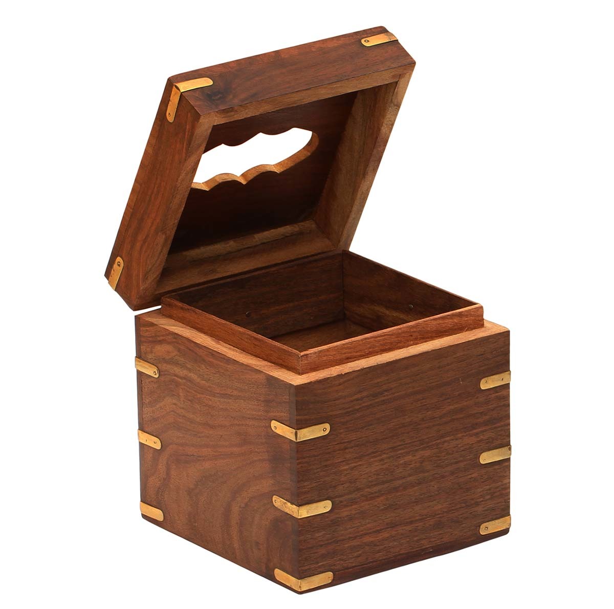 Handmade Wooden Tissue Box - 6 Inch Square, Brown With Inlay Brass | Ethnic Decorative Design For Indoor And Outdoor Use