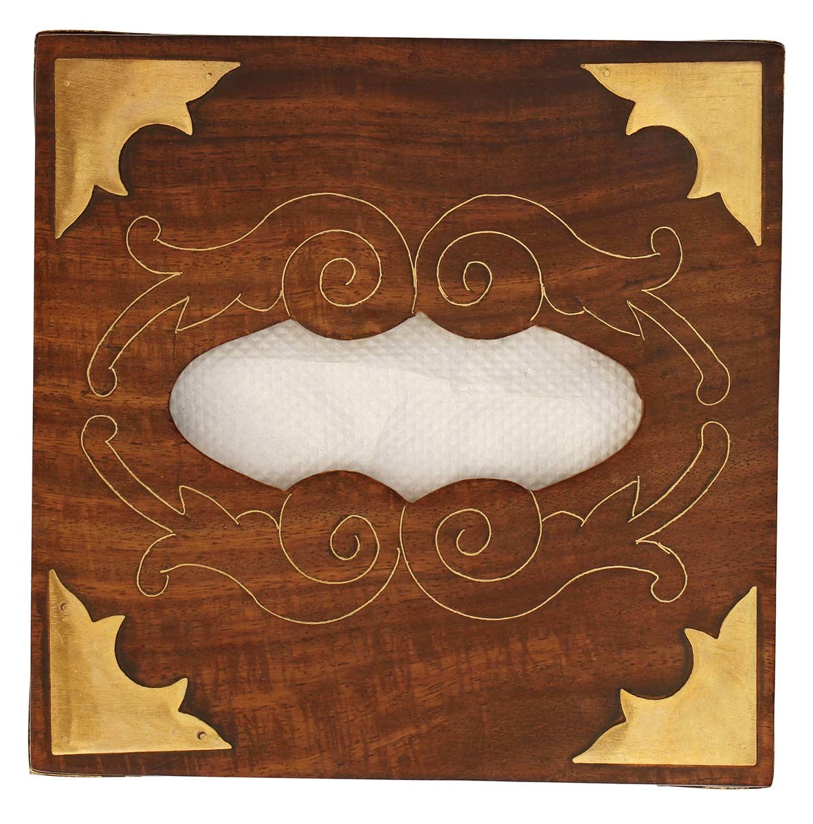 Handmade Wooden Tissue Box - 6 Inch Square, Brown With Inlay Brass | Ethnic Decorative Design For Indoor And Outdoor Use