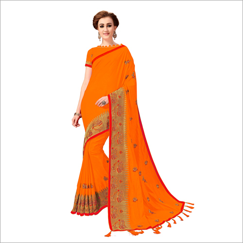 Embroidery Bordered Silk Saree - 5.50 mtr Length with 0.80 mtr Blouse | Festive & Party Wear, Musical Instruments Embroidery, Beautiful Tassel Pallu, Various Colors Available