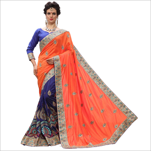 Orange And Blue And Red Parrot And Pink Traditional Embroidered Saree Collection