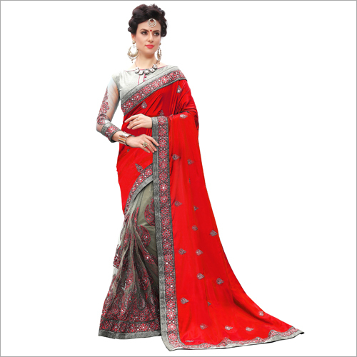 Red And Grey Designer Embroidered Lycra Saree Collection