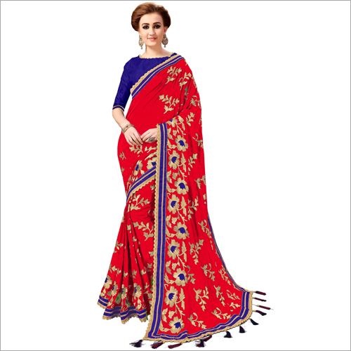 Blue Silk Embroidered With Tassels Saree Collection