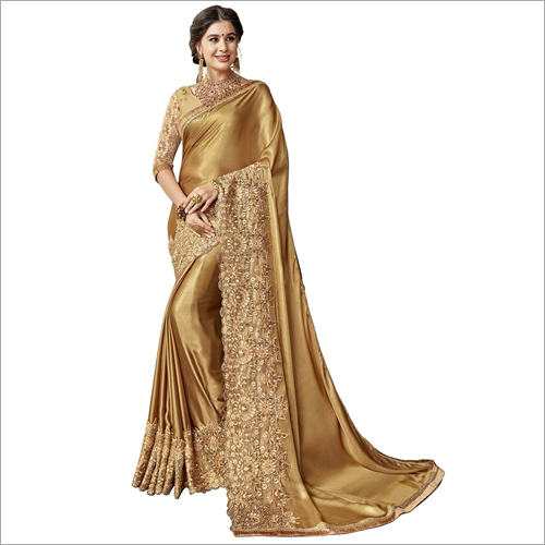 Heavy Embroidered Border Lycra Saree - 5.5 Mtr Length, Golden Color, Dupion Silk Blouse | Resam Embroidery, Perfect for Festive Occasions and Weddings