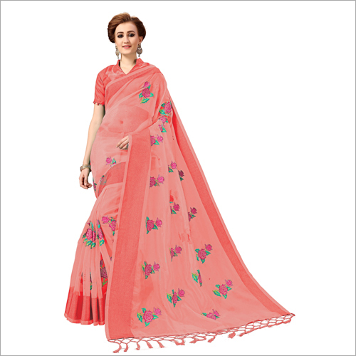 Parrot Green Rose Design Embroidered Saree