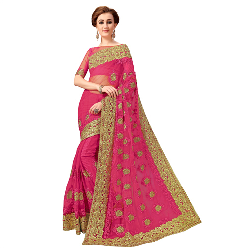 Pink Heavy Embroidered Net Saree Collection